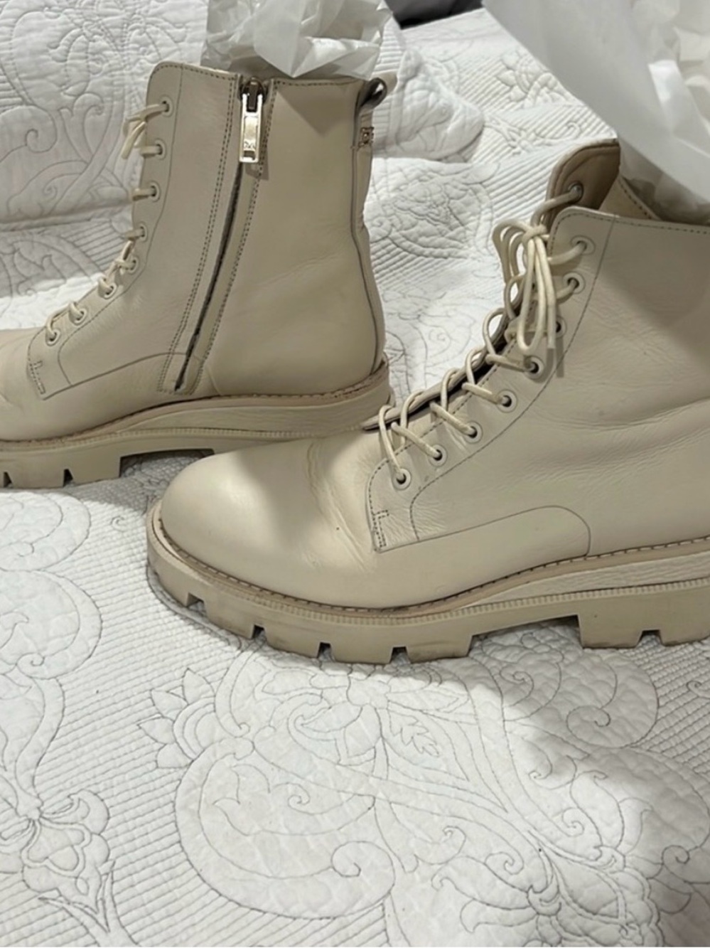 Sam Edelman Cream Lace-Up Combat Boots with Side Zip